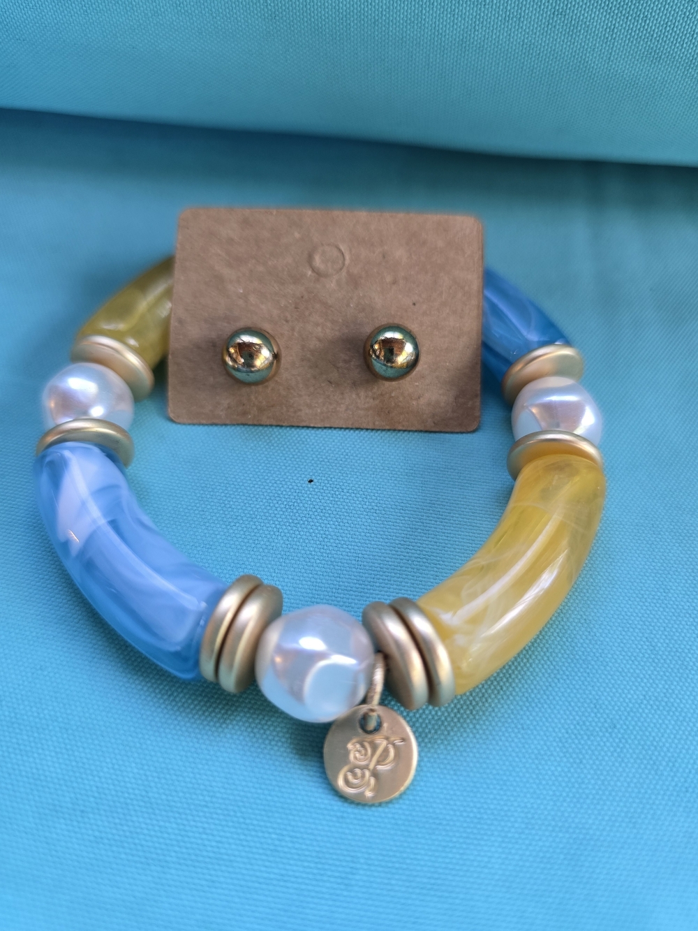 Plunder 2 Piece Gold Accent Blue & Yellow Beaded Bracelet with Stud Earrings